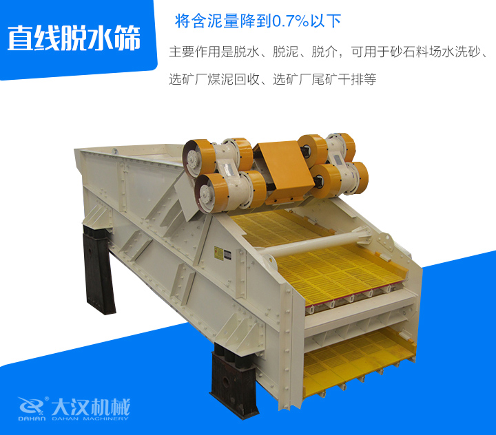 直線脫水篩主要作用是脫水、脫泥、脫介，可用于砂石料場(chǎng)水洗砂、 選礦廠煤泥回收、選礦廠尾礦干排等